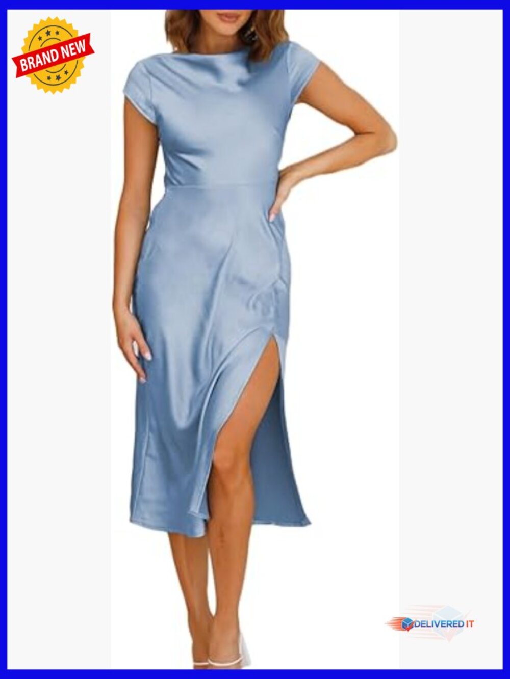 Satin Midi Dress Backless Cowl Neck Cap Sleeves Formal Wedding Guest
